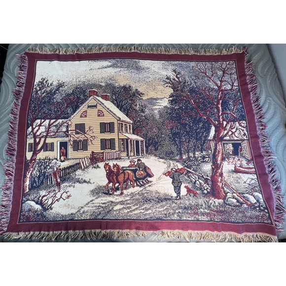 Crown Crafts Inc Other - Vintage Winter Sleigh Scene Woven Tapestry Throw Blanket USA 48x60 Countryside